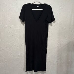 & Other Stories Dress Size 8 Black Ribbed V Neck Midi 90s